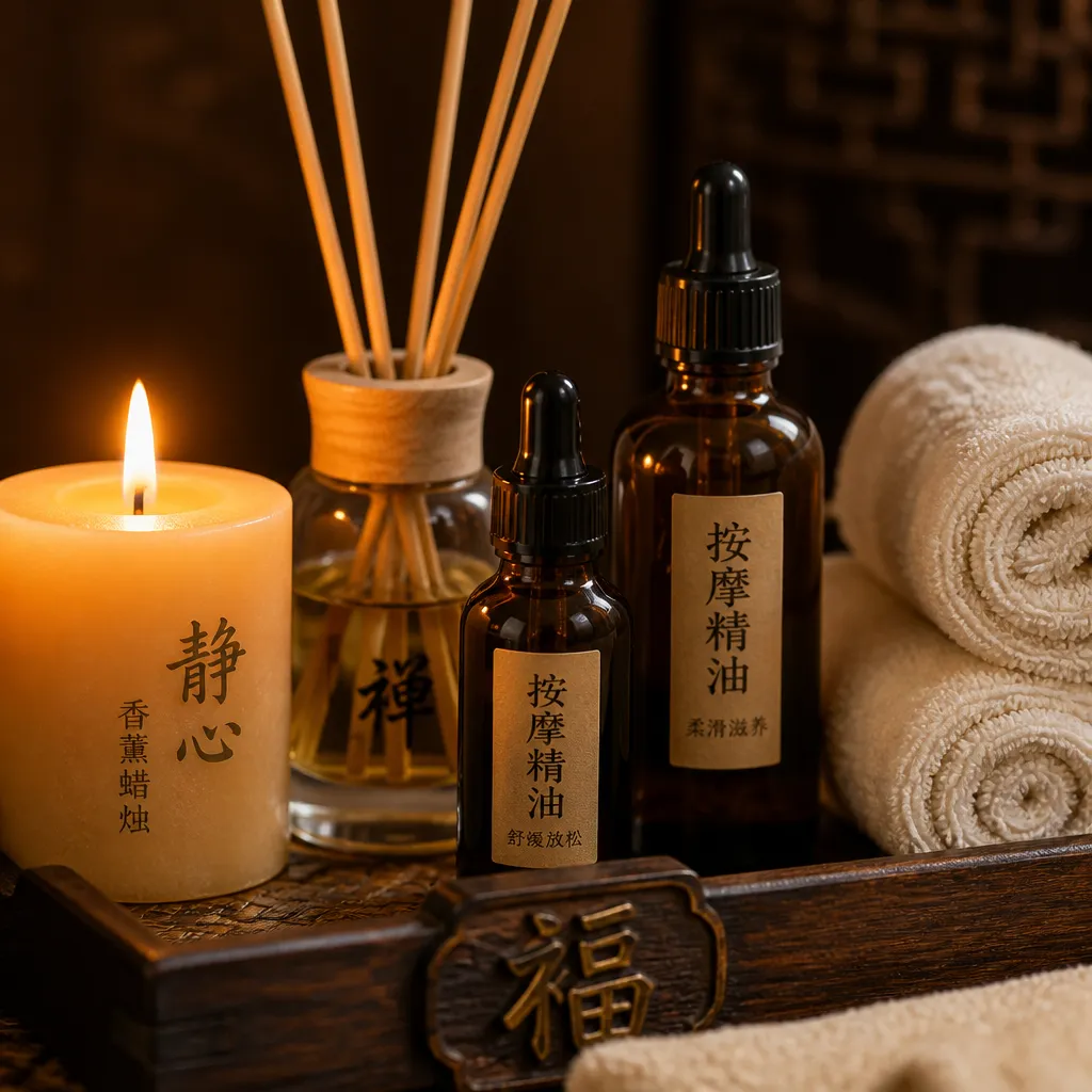 Ruhige Wellness-Atmosphäre mit Massageöl und Handtüchern
